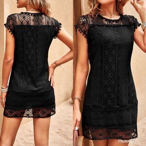 2/$20 Voinnia Black Lace Hollow-Out Cap-Sleeve Dress